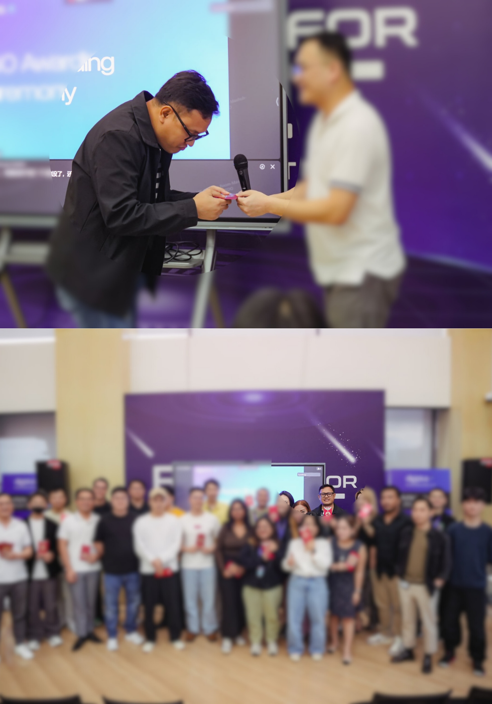 Mizel together with employees getting rewarded for providing ideas to solve the current problem
